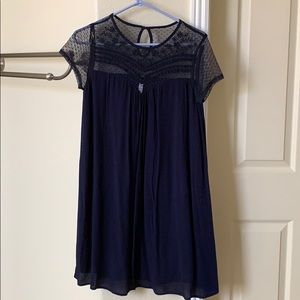 Blue shift dress with lace neckline and sleeves